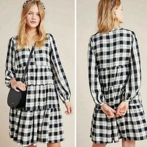 Anthropologie Maeve Amber Plaid Tiered Tunic Dress Black White Red Size XS